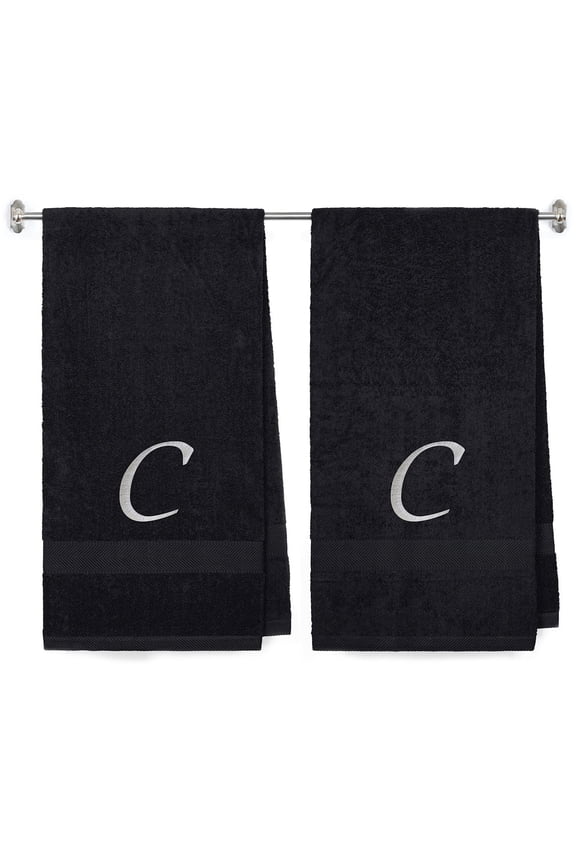 Embroidered Terry Cotton Bath Towel for Bath, Shower - Personalized Gift - Black Color Towel - Silver Script Initial C