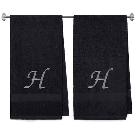 Embroidered Terry Cotton Bath Towel for Bath, Shower - Personalized Gift - Black Color Towel - Silver Script Initial H
