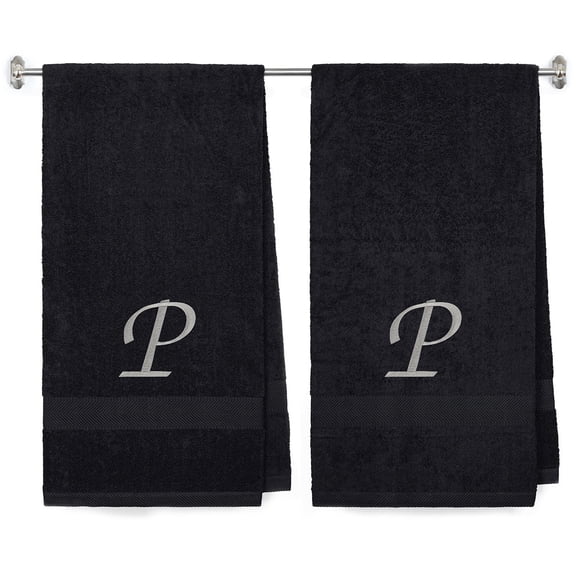 Embroidered Terry Cotton Bath Towel for Bath, Shower - Personalized Gift - Black Color Towel - Silver Script Initial P
