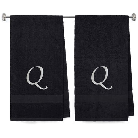 Embroidered Terry Cotton Bath Towel for Bath, Shower - Personalized Gift - Black Color Towel - Silver Script Initial Q