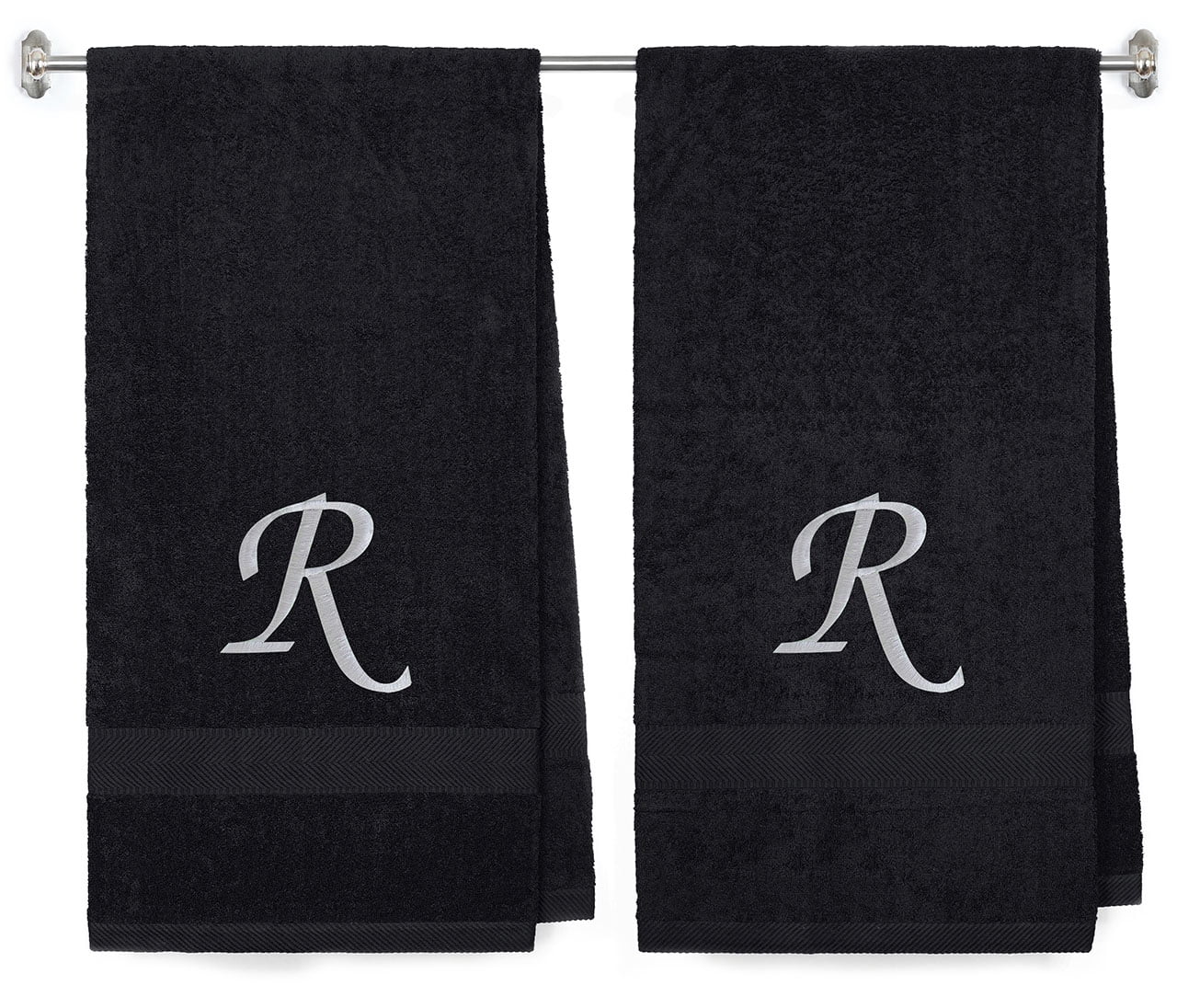 Embroidered Terry Cotton Bath Towel for Bath, Shower - Personalized Gift - Black Color Towel - Silver Script Initial R