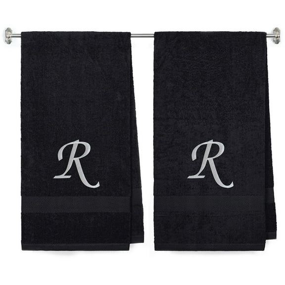 Embroidered Terry Cotton Bath Towel for Bath, Shower - Personalized Gift - Black Color Towel - Silver Script Initial R