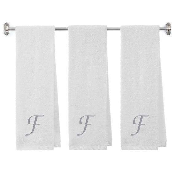Embroidered Terry Cotton Fitness Towel for Men, Women, Girls, Boys - Spa Terry Cotton Gym Fitness Towel - 13 x 44 inches - 3-Pack - White Color Towel - Silver Script initial F