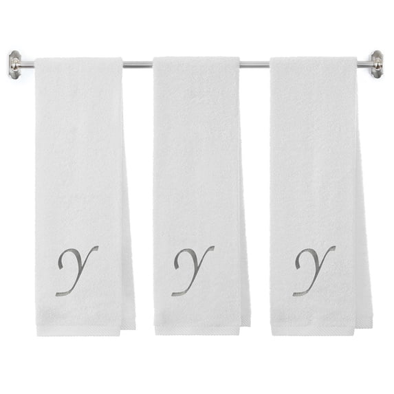 Embroidered Terry Cotton Fitness Towel for Men, Women, Girls, Boys - Spa Terry Cotton Gym Fitness Towel - 13 x 44 inches - 3-Pack - White Color Towel - Silver Script initial Y