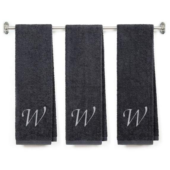 Embroidered Terry Cotton Gym Fitness Towel for Men, Women, Girls, Boys - Terry Cotton Gym Fitness Towel - 13 x 44 inches - 3-Pack - Charcoal Color Towel - Silver Script initial W