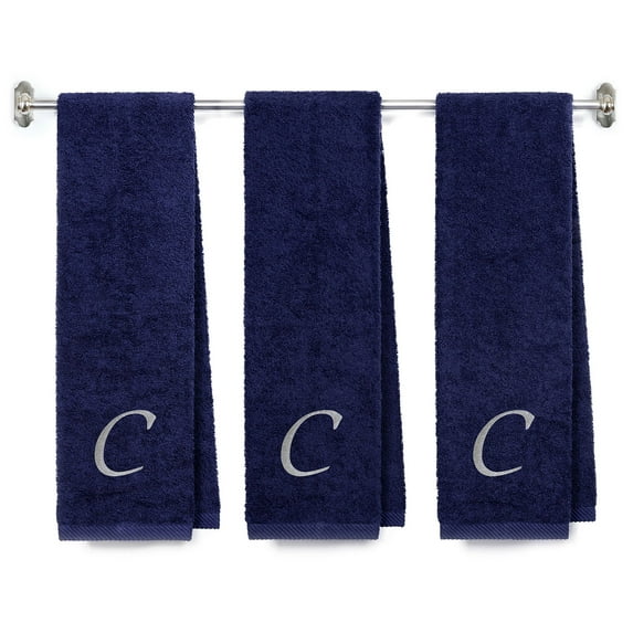 Embroidered Terry Cotton Gym Fitness Towel for Men, Women, Girls, Boys - Terry Cotton Gym Fitness Towel - 13 x 44 inches - 3-Pack - Navy Color Towel -Silver Script initial C