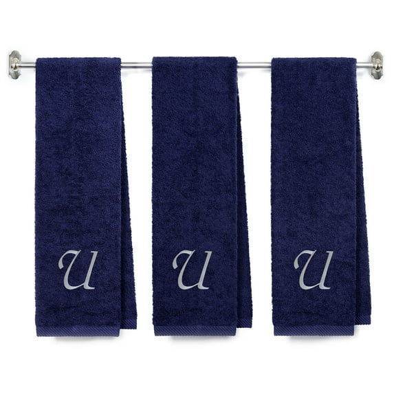Embroidered Terry Cotton Gym Fitness Towel for Men, Women, Girls, Boys - Terry Cotton Gym Fitness Towel - 13 x 44 inches - 3-Pack - Navy Color Towel -Silver Script initial U
