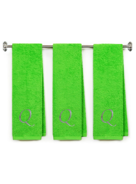 Embroidered Terry Cotton Gym Fitness Towel for Men, Women, Girls, Boys - Personalized Gift - 13 x 44 inches - 3-Pack - Lime Color Towel - Silver Script initial Q