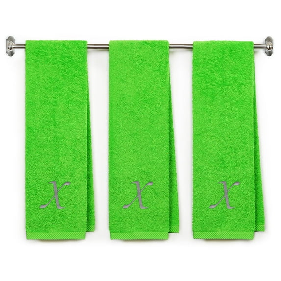 Embroidered Terry Cotton Gym Fitness Towel for Men, Women, Girls, Boys - Personalized Gift - 13 x 44 inches - 3-Pack - Lime Color Towel - Silver Script initial X
