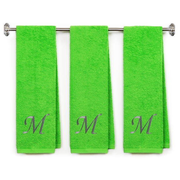 Embroidered Terry Cotton Gym Fitness Towel for Men, Women, Girls, Boys - Personalized Gift - 13 x 44 inches - 3-Pack - Lime Color Towel - Silver Script initial M