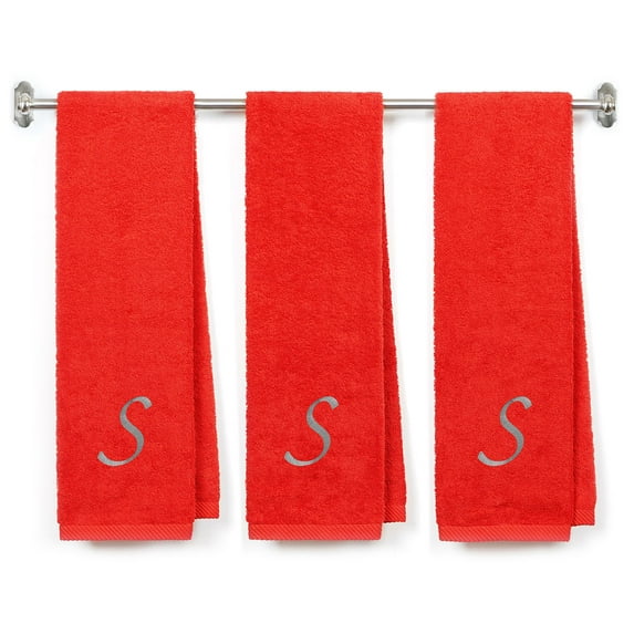 Embroidered Terry Cotton Gym Fitness Towel for Men, Women, Girls, Boys - Personalized Name Initial - 13 x 44 inches - 3-Pack - Red Color Towel - Silver Script initial S