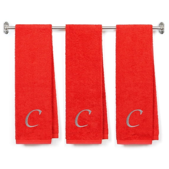 Embroidered Terry Cotton Gym Fitness Towel for Men, Women, Girls, Boys - Personalized Name Initial - 13 x 44 inches - 3-Pack - Red Color Towel - Silver Script initial C