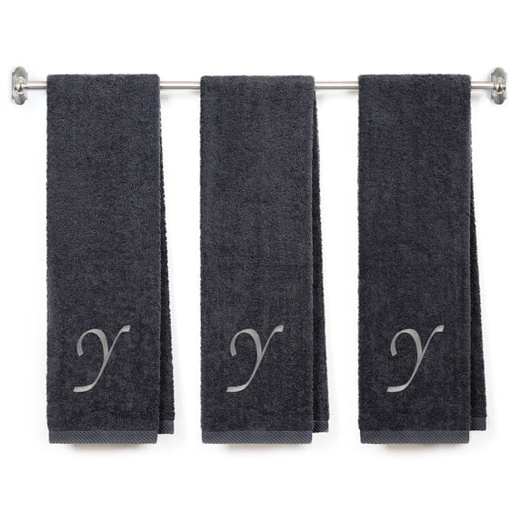 Embroidered Terry Cotton Gym Fitness Towel for Men, Women, Girls, Boys - Terry Cotton Gym Fitness Towel - 13 x 44 inches - 3-Pack - Charcoal Color Towel - Silver Script initial Y