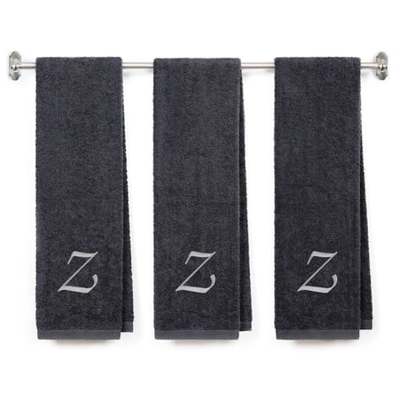 Embroidered Terry Cotton Gym Fitness Towel for Men, Women, Girls, Boys - Terry Cotton Gym Fitness Towel - 13 x 44 inches - 3-Pack - Charcoal Color Towel - Silver Script initial Z