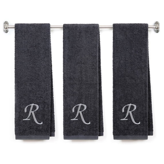Embroidered Terry Cotton Gym Fitness Towel for Men, Women, Girls, Boys - Terry Cotton Gym Fitness Towel - 13 x 44 inches - 3-Pack - Charcoal Color Towel - Silver Script initial R