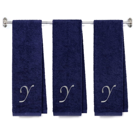 Embroidered Terry Cotton Gym Fitness Towel for Men, Women, Girls, Boys - Terry Cotton Gym Fitness Towel - 13 x 44 inches - 3-Pack - Navy Color Towel -Silver Script initial Y