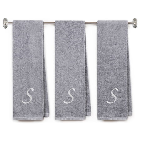 Embroidered Terry Cotton Gym Fitness Towel for Men, Women, Girls, Boys - Terry Cotton Gym Fitness Towel - 13 x 44 inches - 3-Pack - Silver Color Towel - White Script initial S