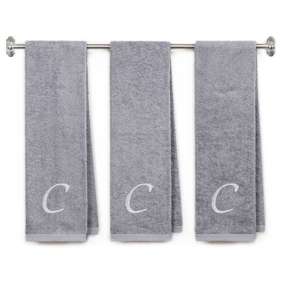 Embroidered Terry Cotton Gym Fitness Towel for Men, Women, Girls, Boys - Terry Cotton Gym Fitness Towel - 13 x 44 inches - 3-Pack - Silver Color Towel - White Script initial C