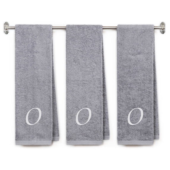 Embroidered Terry Cotton Gym Fitness Towel for Men, Women, Girls, Boys - Terry Cotton Gym Fitness Towel - 13 x 44 inches - 3-Pack - Silver Color Towel - White Script initial O