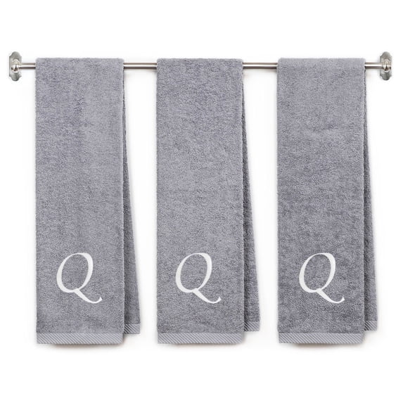 Embroidered Terry Cotton Gym Fitness Towel for Men, Women, Girls, Boys - Terry Cotton Gym Fitness Towel - 13 x 44 inches - 3-Pack - Silver Color Towel - White Script initial Q