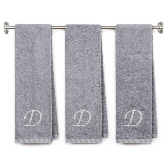 Embroidered Terry Cotton Gym Fitness Towel for Men, Women, Girls, Boys - Terry Cotton Gym Fitness Towel - 13 x 44 inches - 3-Pack - Silver Color Towel - White Script initial D