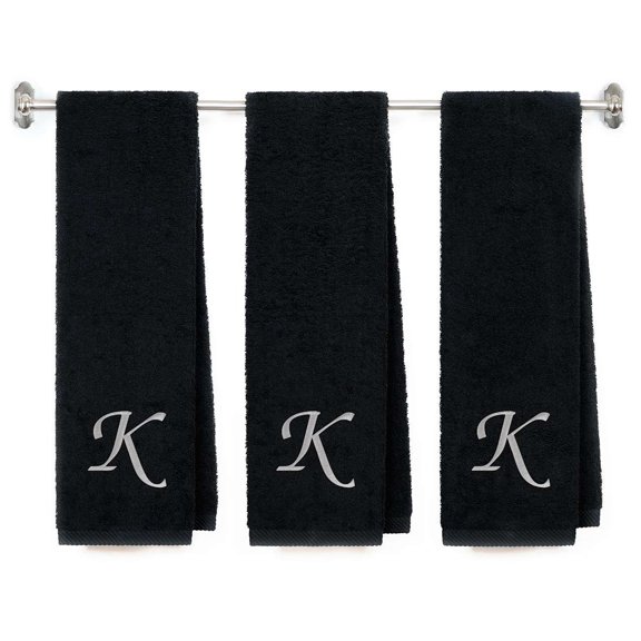Embroidered Gym Towels Set of 3, Monogram Initial K, 100% Cotton, Black