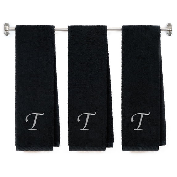 Embroidered Terry Cotton Gym Fitness Towel for Men, Women, Girls, Boys - Personalized Gift - Black Color Towel - Silver Script initial T