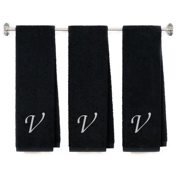 Embroidered Terry Cotton Gym Fitness Towel for Men, Women, Girls, Boys - Personalized Gift - Black Color Towel - Silver Script initial V