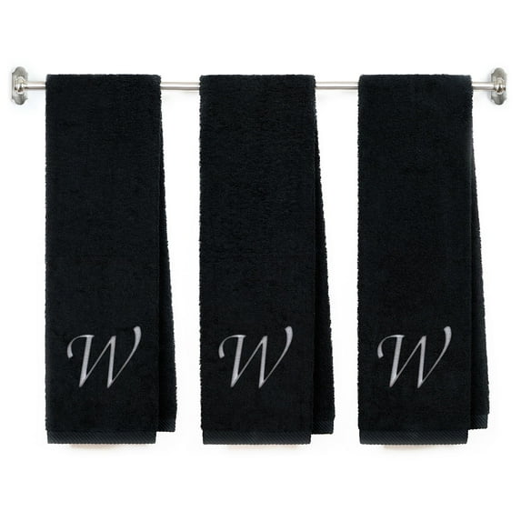 Embroidered Terry Cotton Gym Fitness Towel for Men, Women, Girls, Boys - Personalized Gift - Black Color Towel - Silver Script initial W
