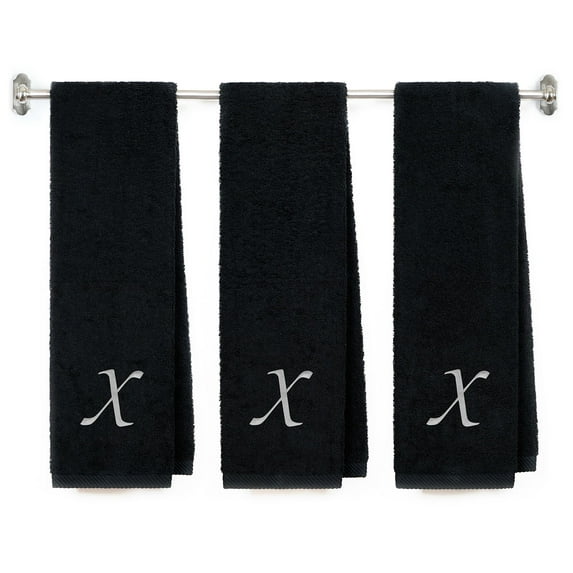 Embroidered Terry Cotton Gym Fitness Towel for Men, Women, Girls, Boys - Personalized Gift - Black Color Towel - Silver Script initial X