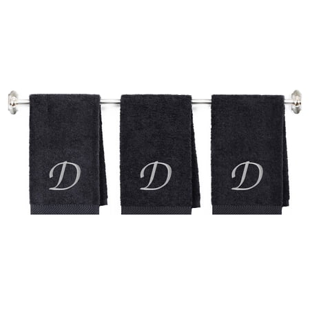 Embroidered Terry Cotton Hand Towel for Bathroom and Kitchen - Customized Towel for Hand - 16 x 27 inches - 3-Pack - Charcoal Color Towel - Silver Script Initial D