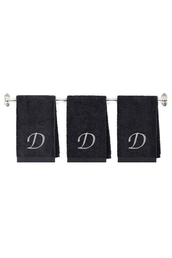 Embroidered Terry Cotton Hand Towel for Bathroom and Kitchen - Customized Towel for Hand - 16 x 27 inches - 3-Pack - Charcoal Color Towel - Silver Script Initial D