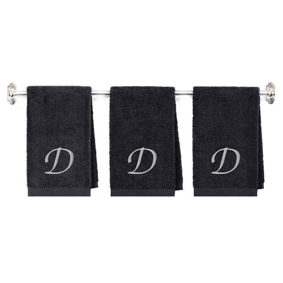 Embroidered Terry Cotton Hand Towel for Bathroom and Kitchen - Customized Towel for Hand - 16 x 27 inches - 3-Pack - Charcoal Color Towel - Silver Script Initial D