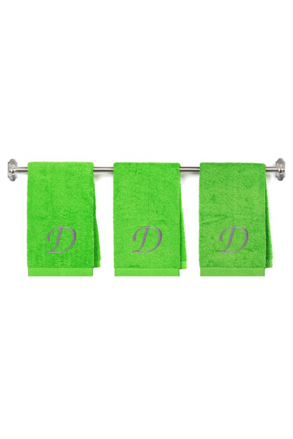 Embroidered Terry Cotton Hand Towel for Bathroom and Kitchen - Personalized Gift - 16 x 27 inches - 3-Pack - Lime Color Towel - Silver Script Initial D