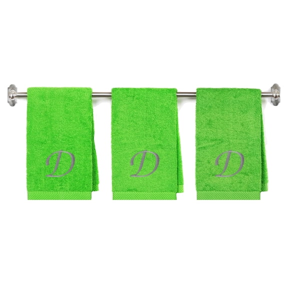 Embroidered Terry Cotton Hand Towel for Bathroom and Kitchen - Personalized Gift - 16 x 27 inches - 3-Pack - Lime Color Towel - Silver Script Initial D