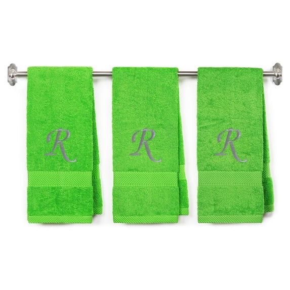 Embroidered Terry Cotton Hand Towel for Bathroom and Kitchen - Personalized Gift - 16 x 27 inches - 3-Pack - Lime Color Towel - Silver Script Initial R