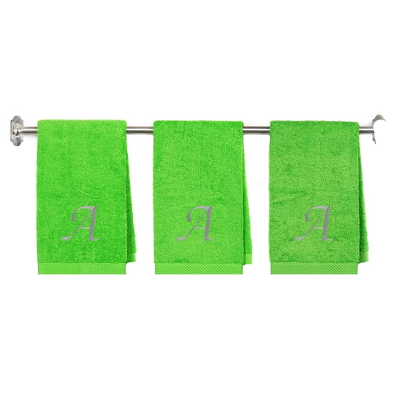 Embroidered Terry Cotton Hand Towel for Bathroom and Kitchen - Personalized Gift - 16 x 27 inches - 3-Pack - Lime Color Towel - Silver Script Initial A
