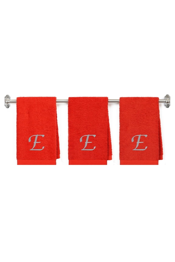 Embroidered Terry Cotton Hand Towel for Bathroom and Kitchen - Personalized Gift - 16 x 27 inches - 3-Pack - Red Color Towel - Silver Script Initial E