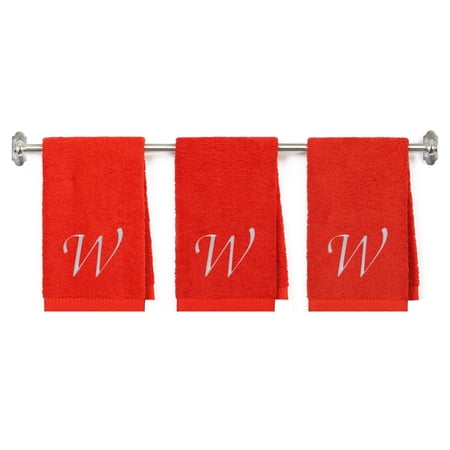 Embroidered Terry Cotton Hand Towel for Bathroom and Kitchen - Personalized Gift - 16 x 27 inches - 3-Pack - Red Color Towel - Silver Script Initial W