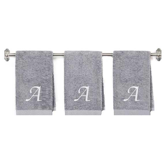 Embroidered Terry Cotton Hand Towel for Bathroom and Kitchen - Personalized Hand Towels -16 x 27 inches -3-Pack - Silver Color Towel - White Script Initial A