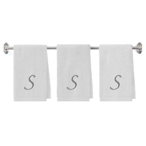 Embroidered Terry Cotton Hand Towel for Bathroom and Kitchen - Spa Terry Cotton Hand Towel - 16 x 27 inches - 3-Pack - White Color Towel - Silver Script Initial S
