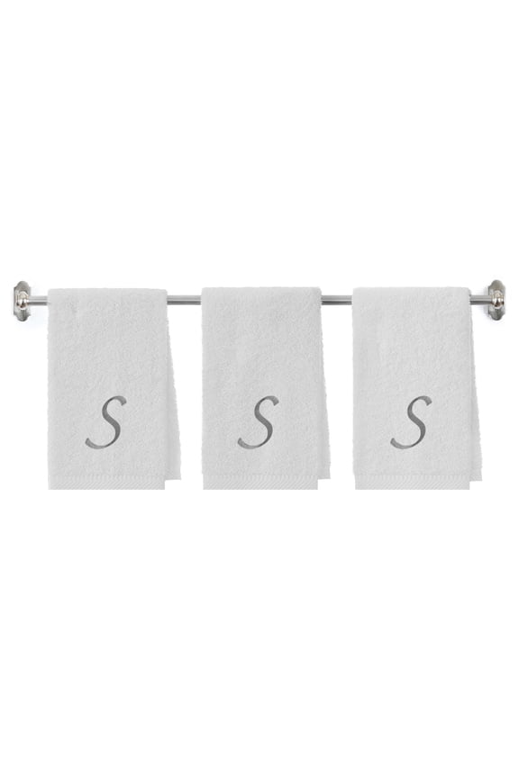 Embroidered Terry Cotton Hand Towel for Bathroom and Kitchen - Spa Terry Cotton Hand Towel - 16 x 27 inches - 3-Pack - White Color Towel - Silver Script Initial S