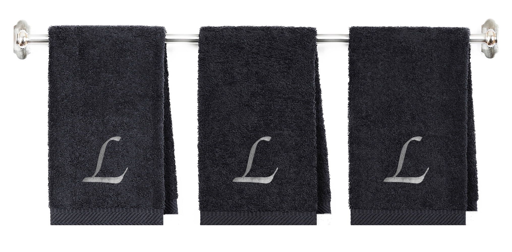 Embroidered Terry Cotton Hand Towel for Bathroom and Kitchen - Terry Cotton Hand Towel - 16 x 27 inches - 3-Pack - Charcoal Color Towel - Silver Script Initial L