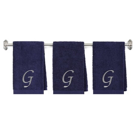 Embroidered Terry Cotton Hand Towel for Bathroom and Kitchen - Terry Cotton Hand Towel - 16 x 27 inches - 3-Pack - Navy Color Towel -Silver Script Initial G