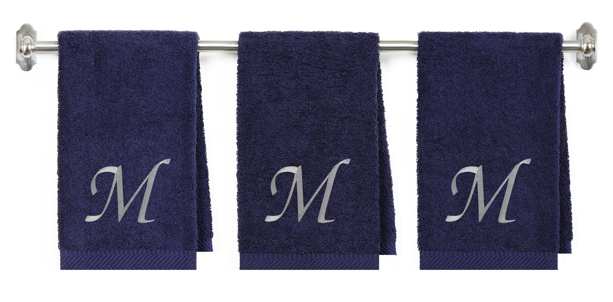 Embroidered Terry Cotton Hand Towel for Bathroom and Kitchen - Terry Cotton Hand Towel - 16 x 27 inches - 3-Pack - Navy Color Towel -Silver Script Initial M