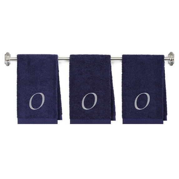 Embroidered Terry Cotton Hand Towel for Bathroom and Kitchen - Terry Cotton Hand Towel - 16 x 27 inches - 3-Pack - Navy Color Towel -Silver Script Initial O