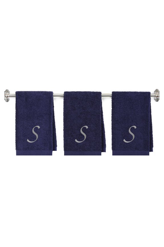 Embroidered Terry Cotton Hand Towel for Bathroom and Kitchen - Terry Cotton Hand Towel - 16 x 27 inches - 3-Pack - Navy Color Towel -Silver Script Initial S