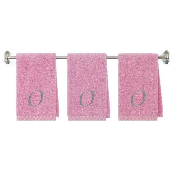 Embroidered Terry Cotton Hand Towel for Bathroom and Kitchen - Terry Cotton Hand Towel - 16 x 27 inches - 3-Pack - Pink Color Towel - Silver Script Initial O