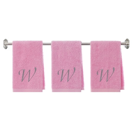 Embroidered Terry Cotton Hand Towel for Bathroom and Kitchen - Terry Cotton Hand Towel - 16 x 27 inches - 3-Pack - Pink Color Towel - Silver Script Initial W