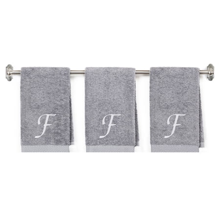 Embroidered Cotton Hand Towel for Bathroom and Kitchen - Cotton Hand Towel - 16 x 27 inches - 3-Pack - Silver Color Towel - White Chancery Initial F